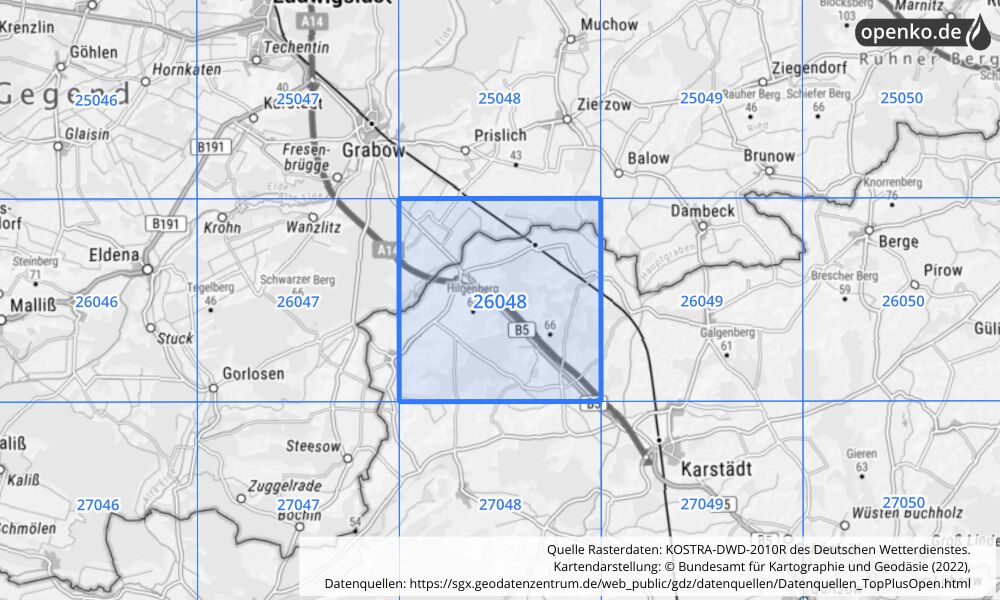 Übersichtskarte KOSTRA-DWD-2010R Rasterfeld Nr. 26048 mit angrenzenden Feldern