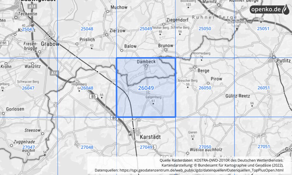 Übersichtskarte KOSTRA-DWD-2010R Rasterfeld Nr. 26049 mit angrenzenden Feldern