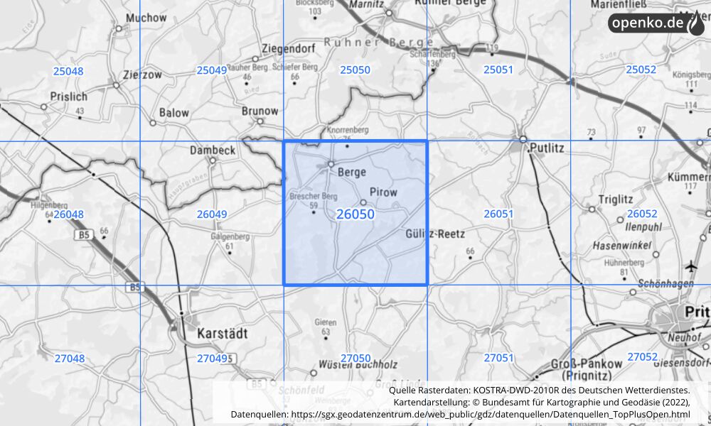 Übersichtskarte KOSTRA-DWD-2010R Rasterfeld Nr. 26050 mit angrenzenden Feldern
