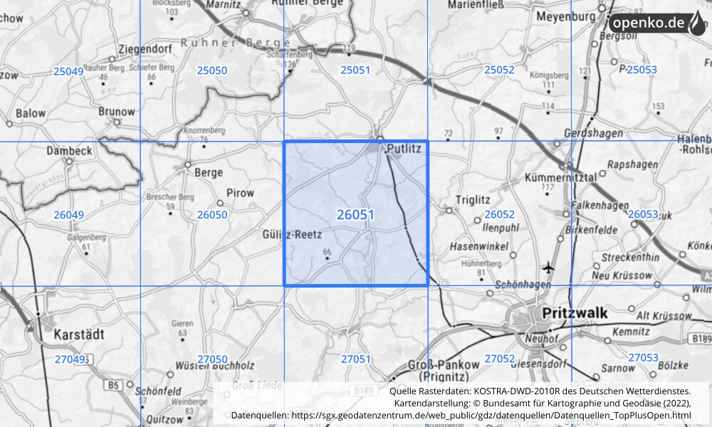 Übersichtskarte KOSTRA-DWD-2010R Rasterfeld Nr. 26051 mit angrenzenden Feldern
