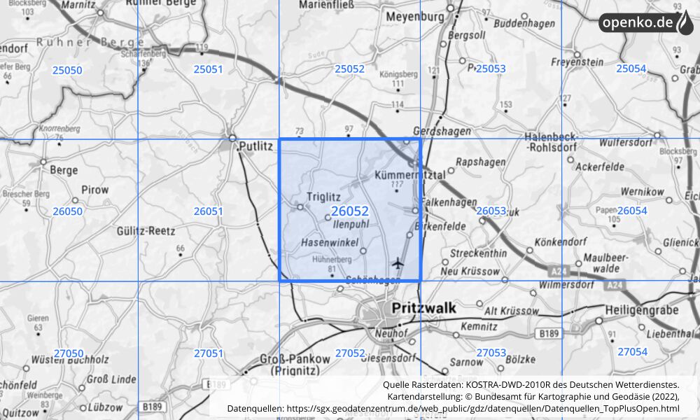 Übersichtskarte KOSTRA-DWD-2010R Rasterfeld Nr. 26052 mit angrenzenden Feldern