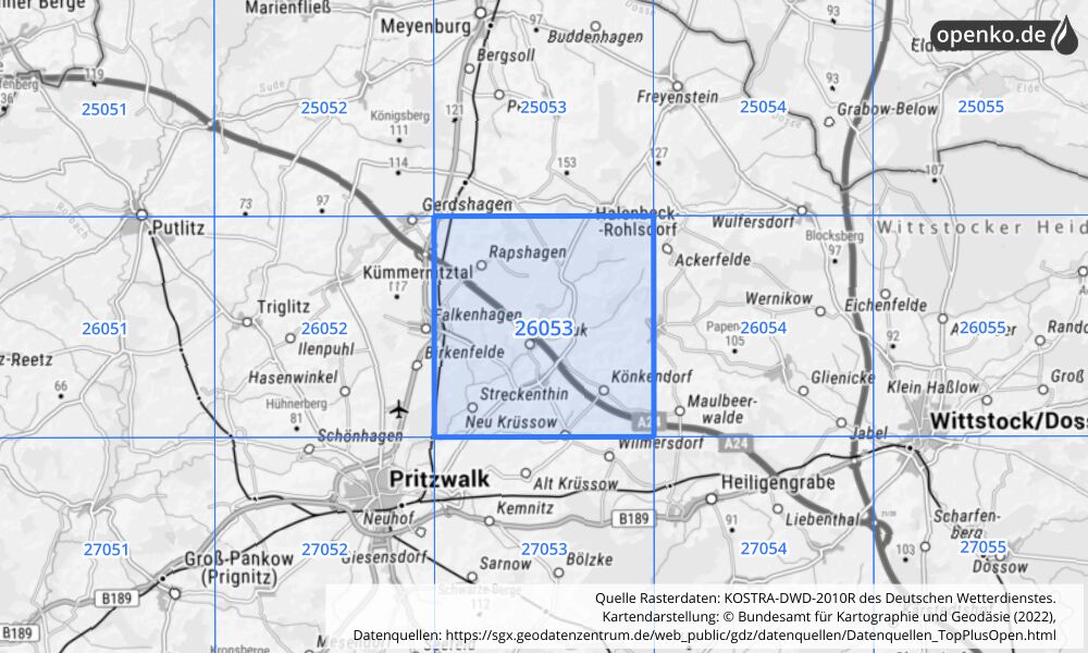 Übersichtskarte KOSTRA-DWD-2010R Rasterfeld Nr. 26053 mit angrenzenden Feldern