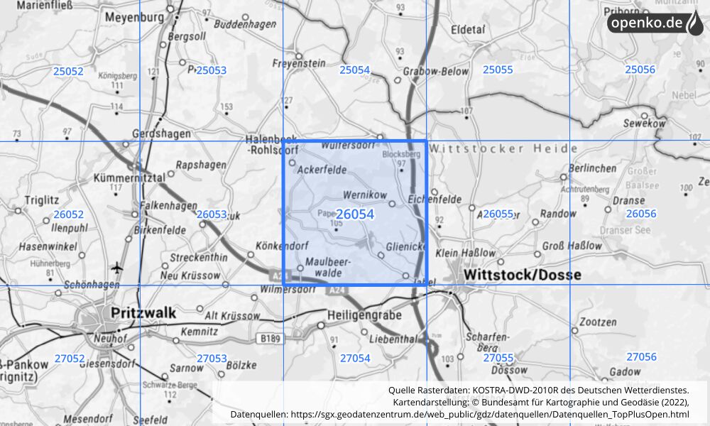 Übersichtskarte KOSTRA-DWD-2010R Rasterfeld Nr. 26054 mit angrenzenden Feldern