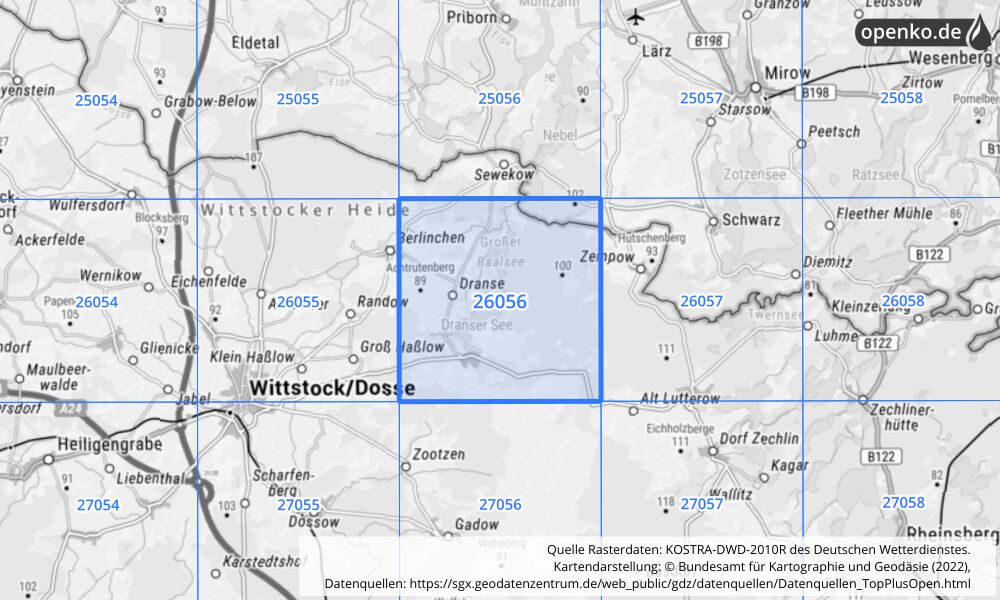 Übersichtskarte KOSTRA-DWD-2010R Rasterfeld Nr. 26056 mit angrenzenden Feldern