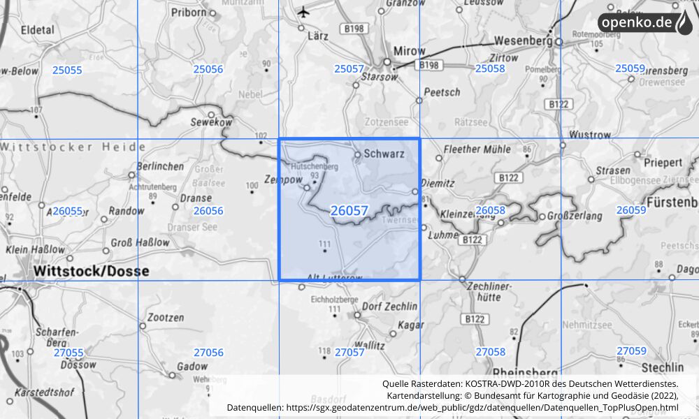 Übersichtskarte KOSTRA-DWD-2010R Rasterfeld Nr. 26057 mit angrenzenden Feldern