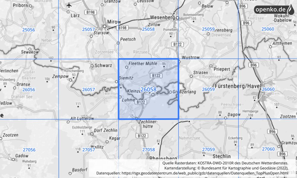 Übersichtskarte KOSTRA-DWD-2010R Rasterfeld Nr. 26058 mit angrenzenden Feldern