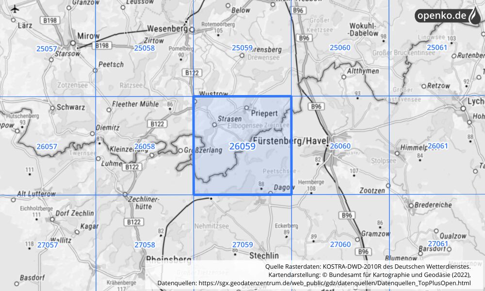 Übersichtskarte KOSTRA-DWD-2010R Rasterfeld Nr. 26059 mit angrenzenden Feldern