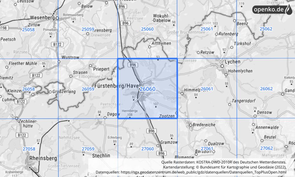 Übersichtskarte KOSTRA-DWD-2010R Rasterfeld Nr. 26060 mit angrenzenden Feldern