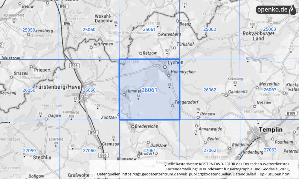 Übersichtskarte KOSTRA-DWD-2010R Rasterfeld Nr. 26061 mit angrenzenden Feldern