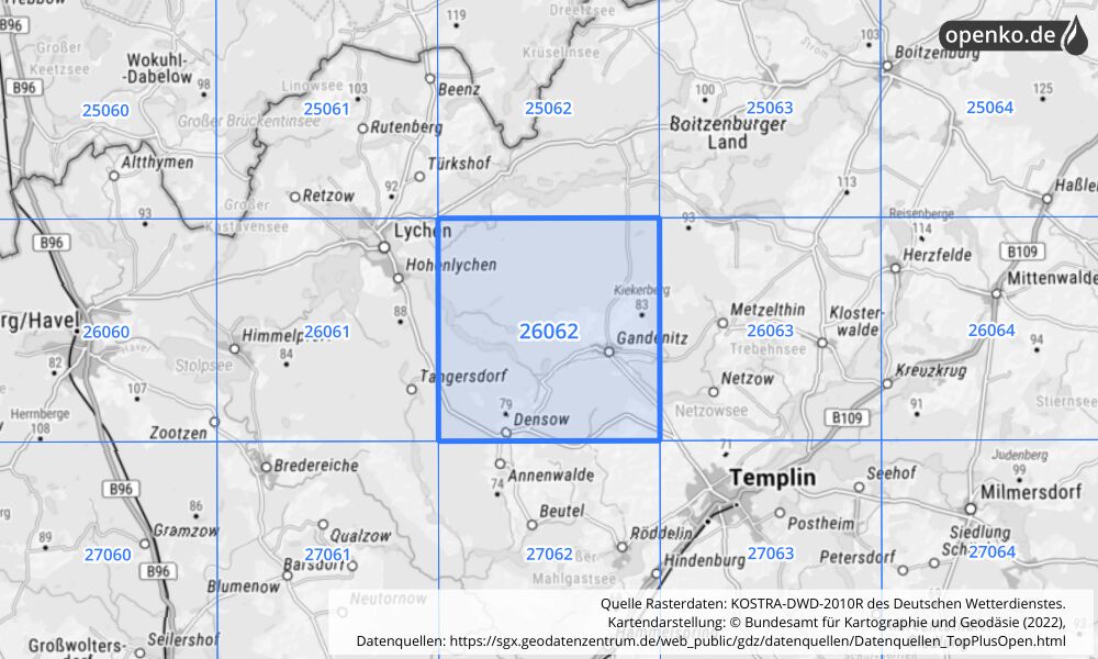 Übersichtskarte KOSTRA-DWD-2010R Rasterfeld Nr. 26062 mit angrenzenden Feldern