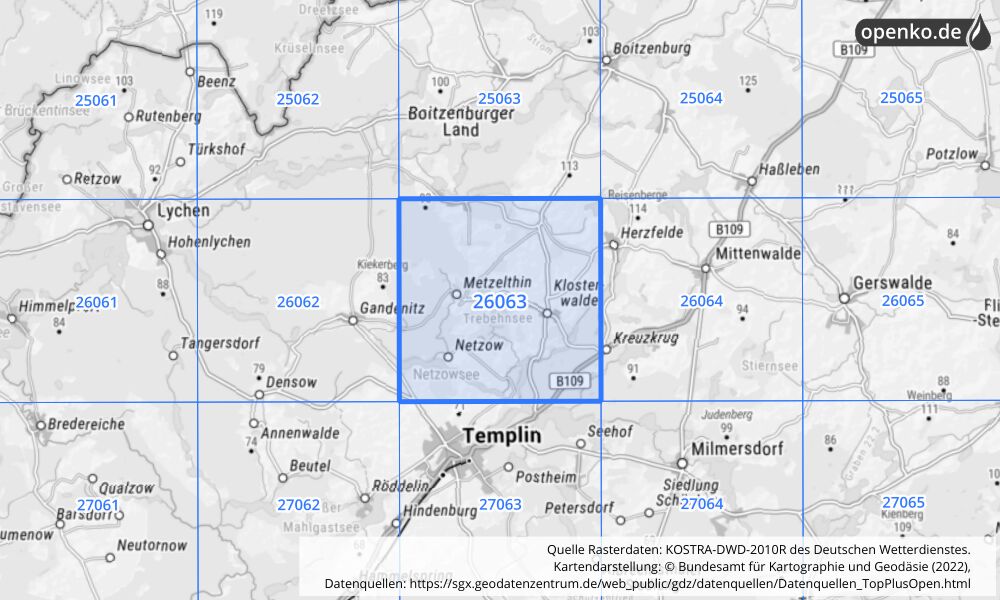 Übersichtskarte KOSTRA-DWD-2010R Rasterfeld Nr. 26063 mit angrenzenden Feldern