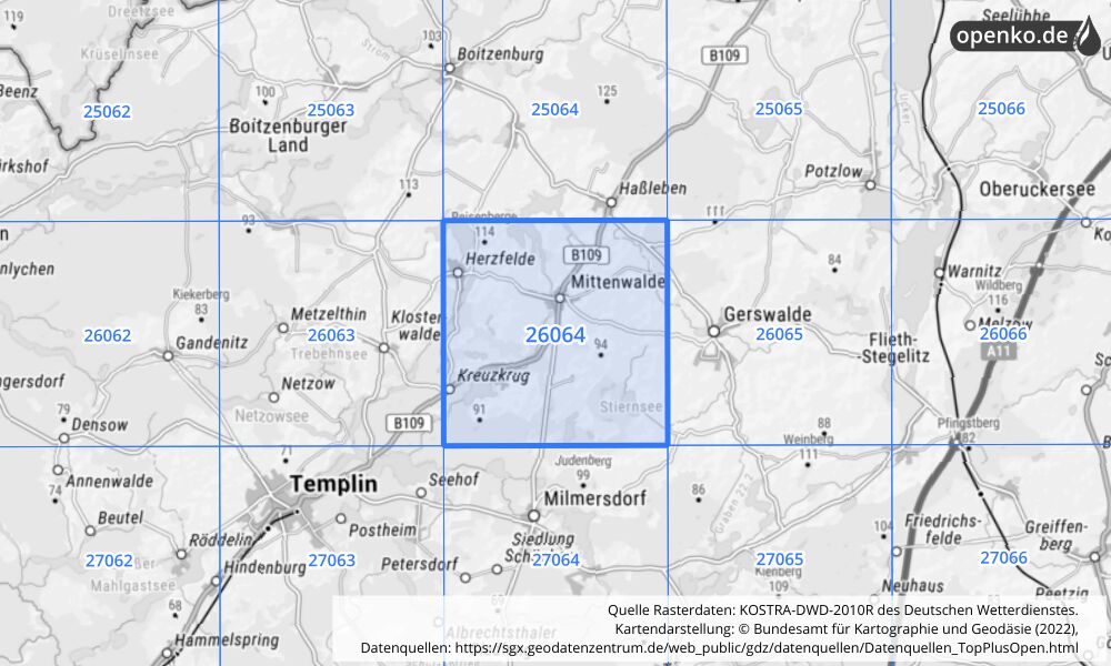 Übersichtskarte KOSTRA-DWD-2010R Rasterfeld Nr. 26064 mit angrenzenden Feldern