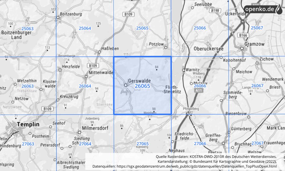 Übersichtskarte KOSTRA-DWD-2010R Rasterfeld Nr. 26065 mit angrenzenden Feldern