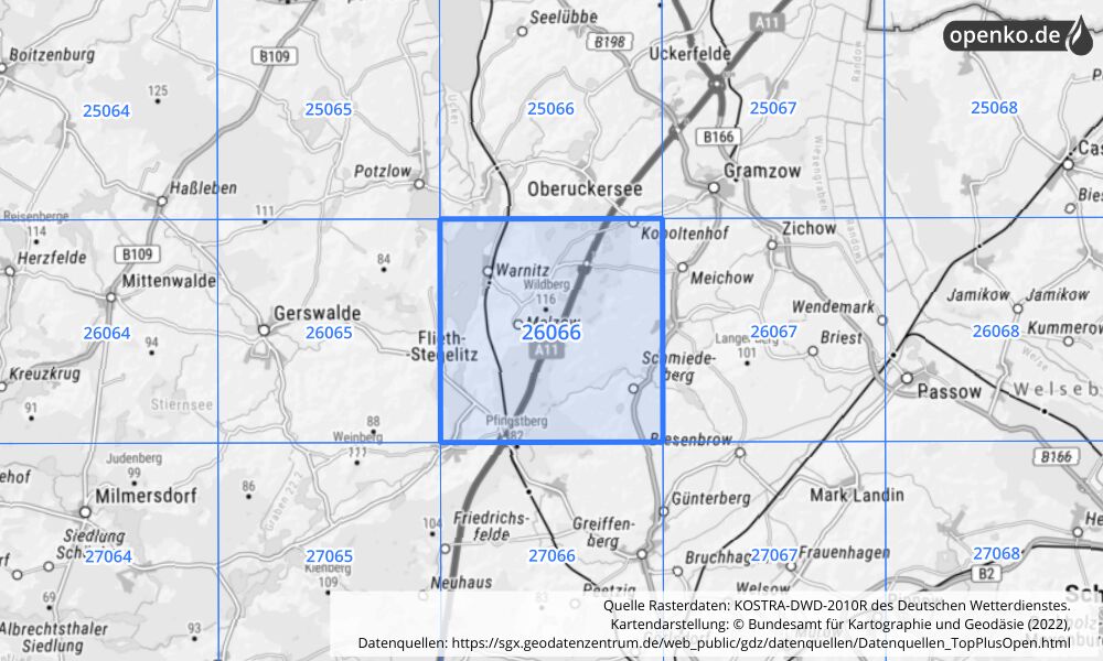 Übersichtskarte KOSTRA-DWD-2010R Rasterfeld Nr. 26066 mit angrenzenden Feldern