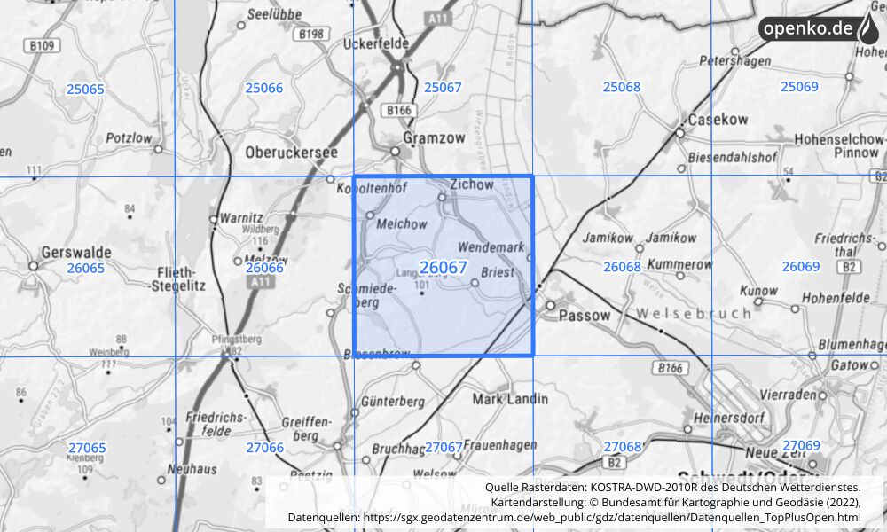 Übersichtskarte KOSTRA-DWD-2010R Rasterfeld Nr. 26067 mit angrenzenden Feldern