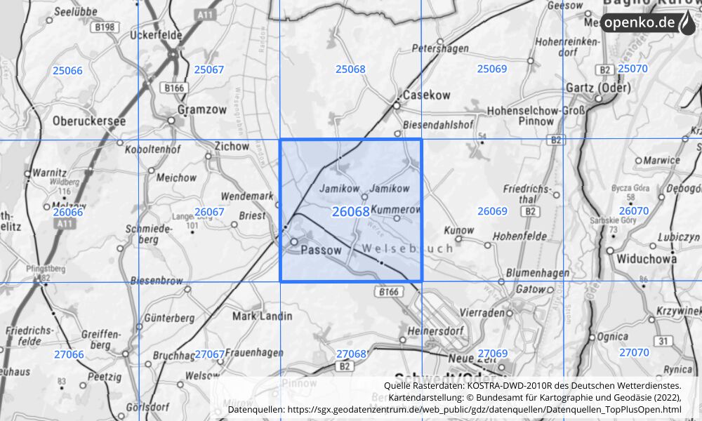 Übersichtskarte KOSTRA-DWD-2010R Rasterfeld Nr. 26068 mit angrenzenden Feldern