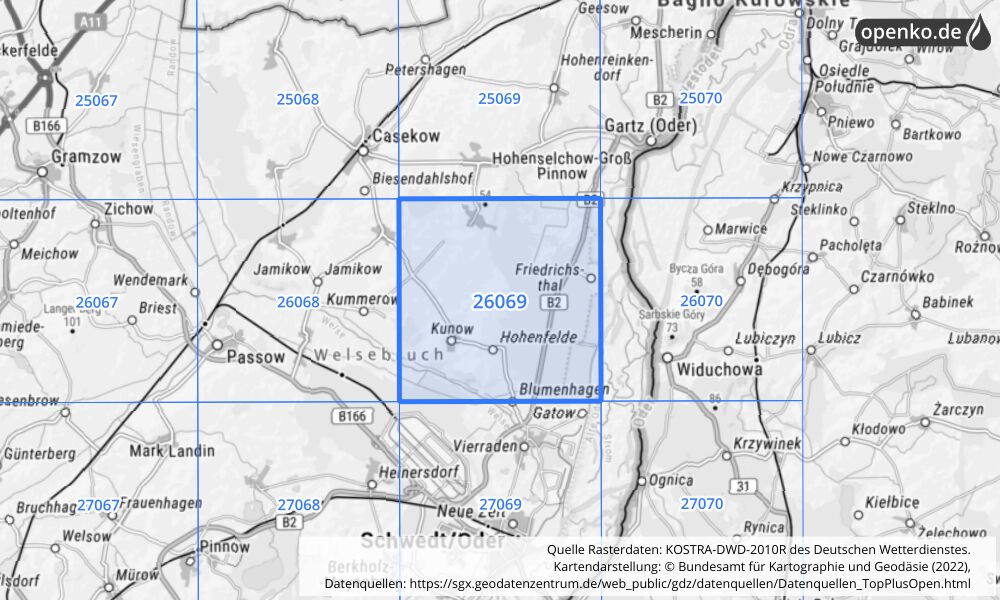 Übersichtskarte KOSTRA-DWD-2010R Rasterfeld Nr. 26069 mit angrenzenden Feldern
