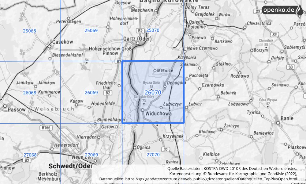 Übersichtskarte KOSTRA-DWD-2010R Rasterfeld Nr. 26070 mit angrenzenden Feldern