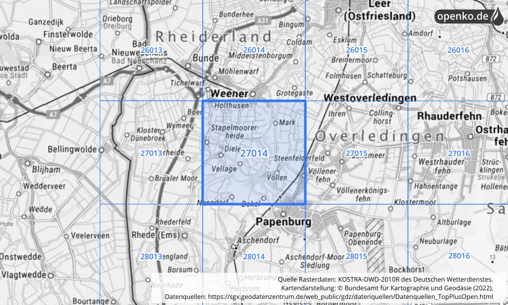 Übersichtskarte KOSTRA-DWD-2010R Rasterfeld Nr. 27014 mit angrenzenden Feldern