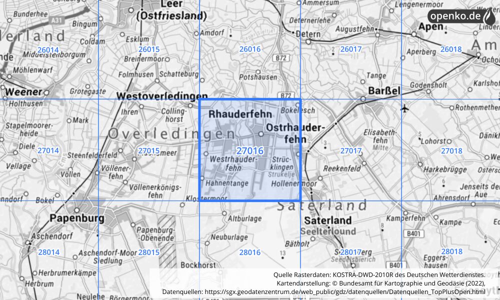 Übersichtskarte KOSTRA-DWD-2010R Rasterfeld Nr. 27016 mit angrenzenden Feldern