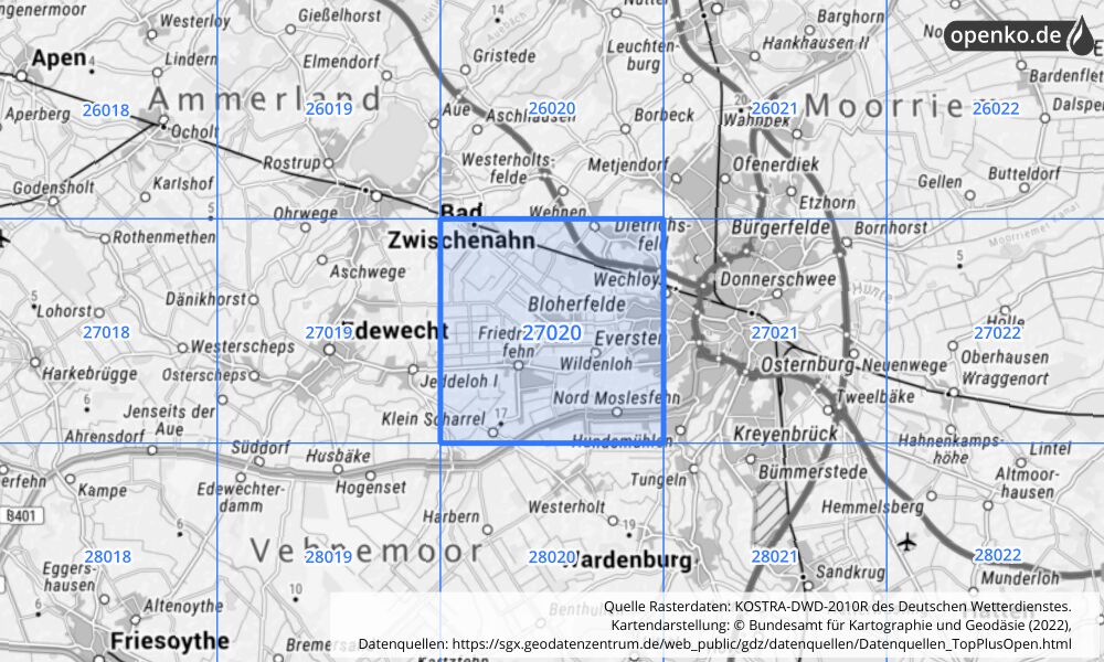 Übersichtskarte KOSTRA-DWD-2010R Rasterfeld Nr. 27020 mit angrenzenden Feldern