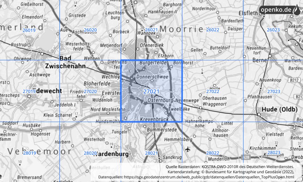 Übersichtskarte KOSTRA-DWD-2010R Rasterfeld Nr. 27021 mit angrenzenden Feldern