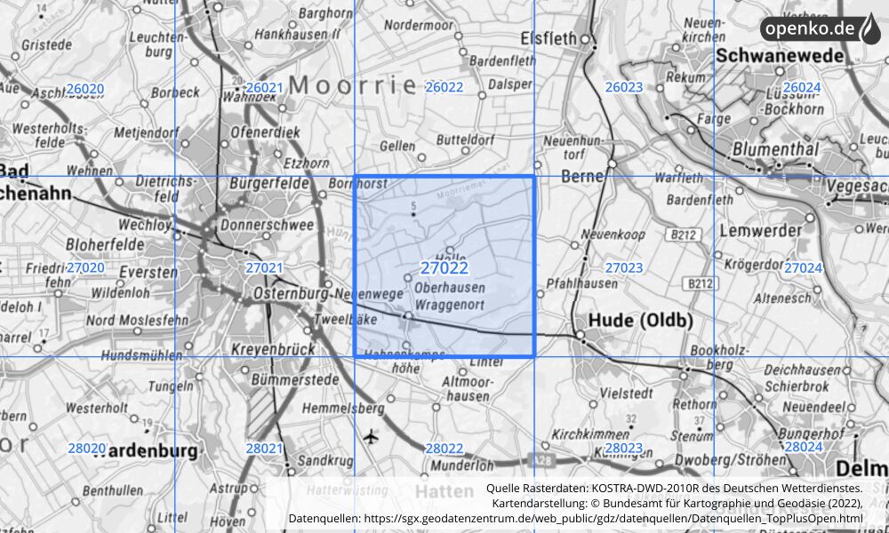 Übersichtskarte KOSTRA-DWD-2010R Rasterfeld Nr. 27022 mit angrenzenden Feldern