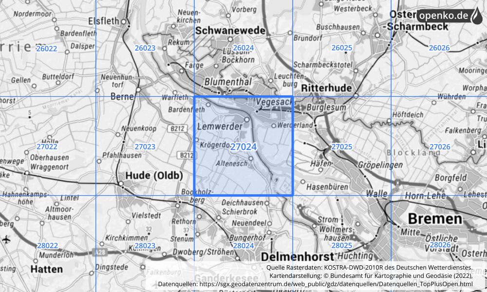 Übersichtskarte KOSTRA-DWD-2010R Rasterfeld Nr. 27024 mit angrenzenden Feldern