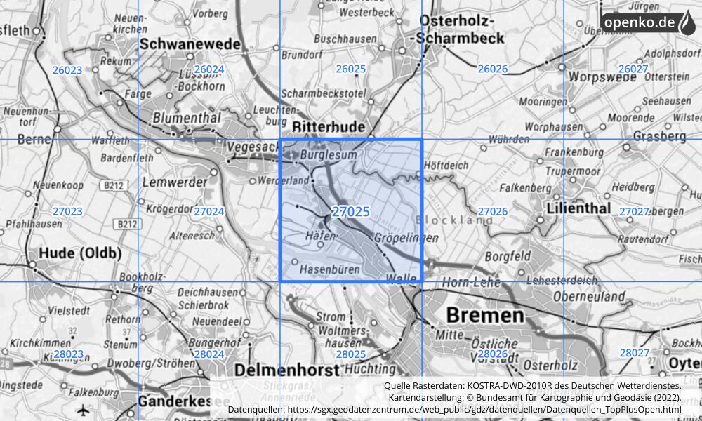 Übersichtskarte KOSTRA-DWD-2010R Rasterfeld Nr. 27025 mit angrenzenden Feldern