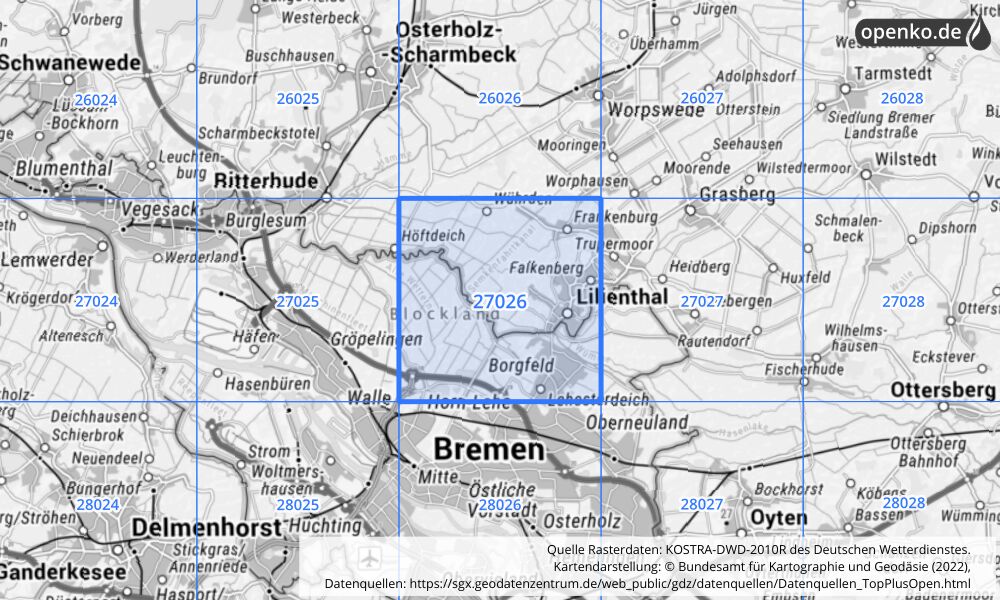 Übersichtskarte KOSTRA-DWD-2010R Rasterfeld Nr. 27026 mit angrenzenden Feldern