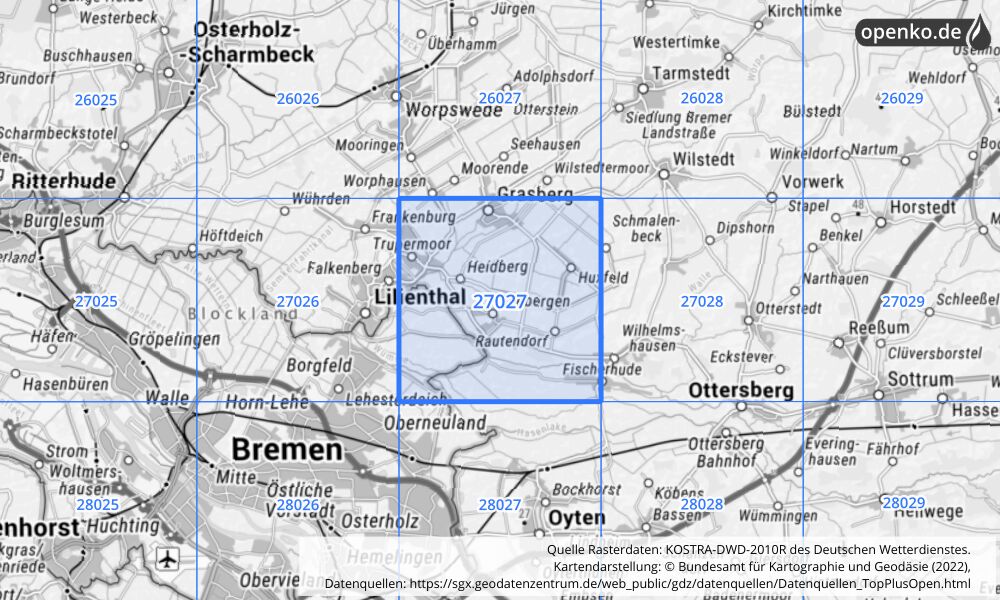 Übersichtskarte KOSTRA-DWD-2010R Rasterfeld Nr. 27027 mit angrenzenden Feldern