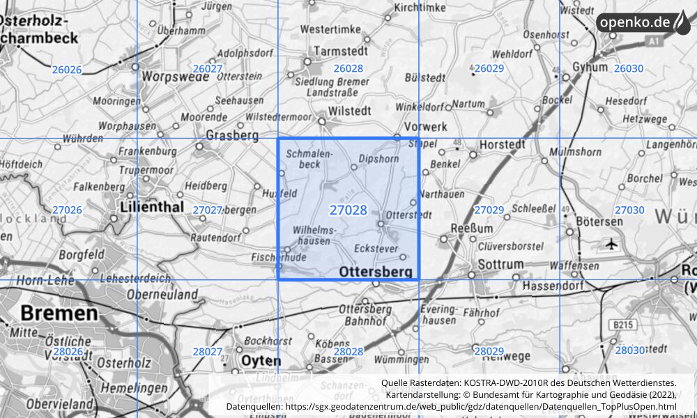 Übersichtskarte KOSTRA-DWD-2010R Rasterfeld Nr. 27028 mit angrenzenden Feldern