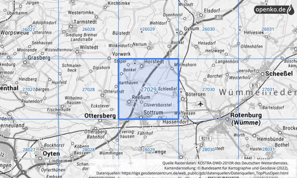 Übersichtskarte KOSTRA-DWD-2010R Rasterfeld Nr. 27029 mit angrenzenden Feldern