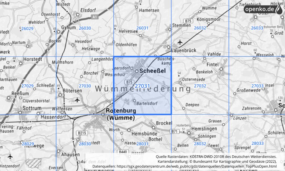 Übersichtskarte KOSTRA-DWD-2010R Rasterfeld Nr. 27031 mit angrenzenden Feldern