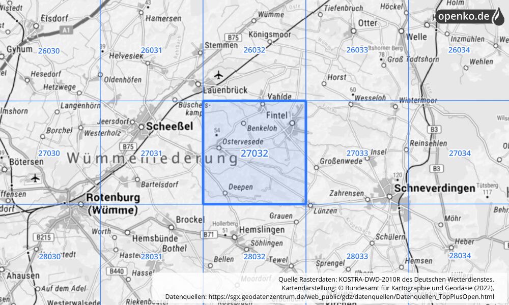 Übersichtskarte KOSTRA-DWD-2010R Rasterfeld Nr. 27032 mit angrenzenden Feldern