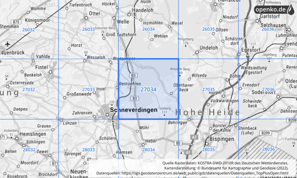 Übersichtskarte KOSTRA-DWD-2010R Rasterfeld Nr. 27034 mit angrenzenden Feldern