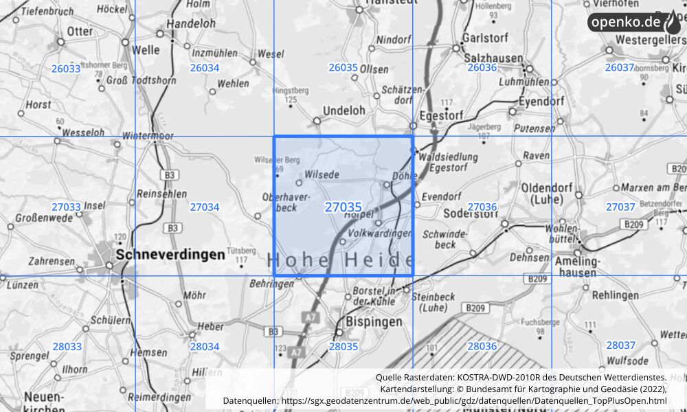 Übersichtskarte KOSTRA-DWD-2010R Rasterfeld Nr. 27035 mit angrenzenden Feldern