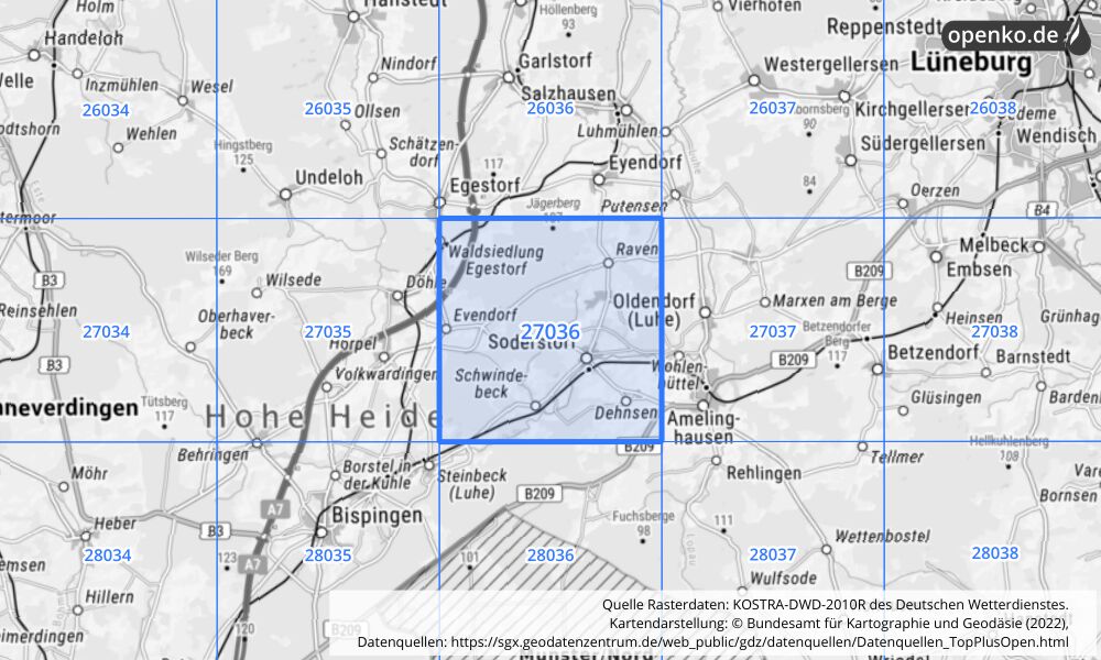 Übersichtskarte KOSTRA-DWD-2010R Rasterfeld Nr. 27036 mit angrenzenden Feldern