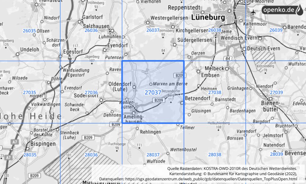 Übersichtskarte KOSTRA-DWD-2010R Rasterfeld Nr. 27037 mit angrenzenden Feldern