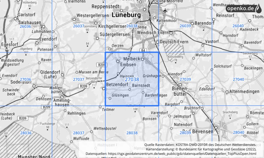 Übersichtskarte KOSTRA-DWD-2010R Rasterfeld Nr. 27038 mit angrenzenden Feldern