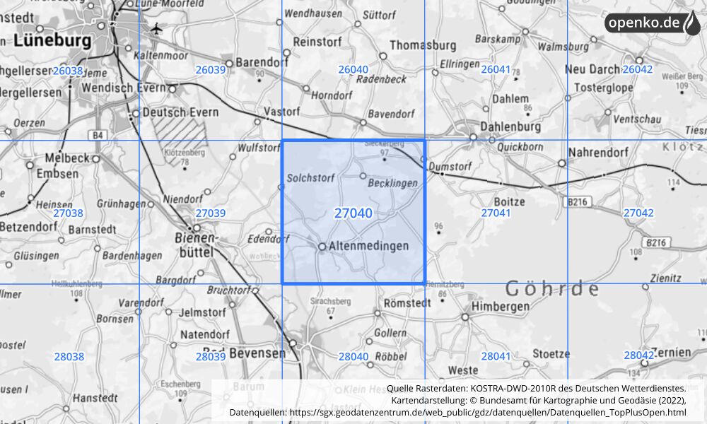 Übersichtskarte KOSTRA-DWD-2010R Rasterfeld Nr. 27040 mit angrenzenden Feldern