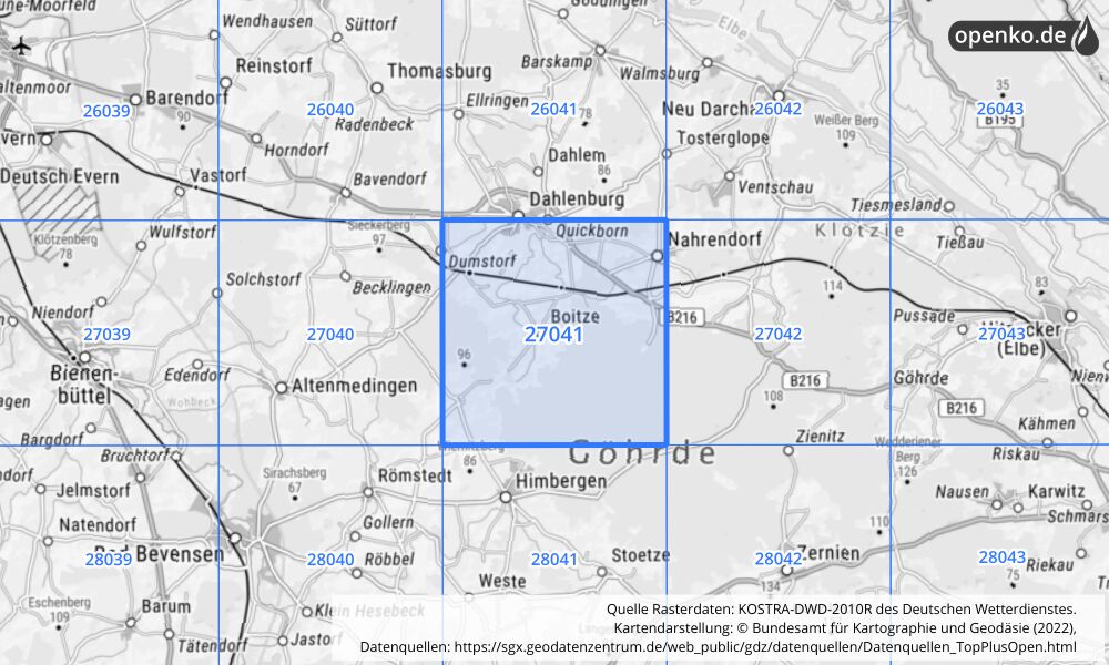 Übersichtskarte KOSTRA-DWD-2010R Rasterfeld Nr. 27041 mit angrenzenden Feldern