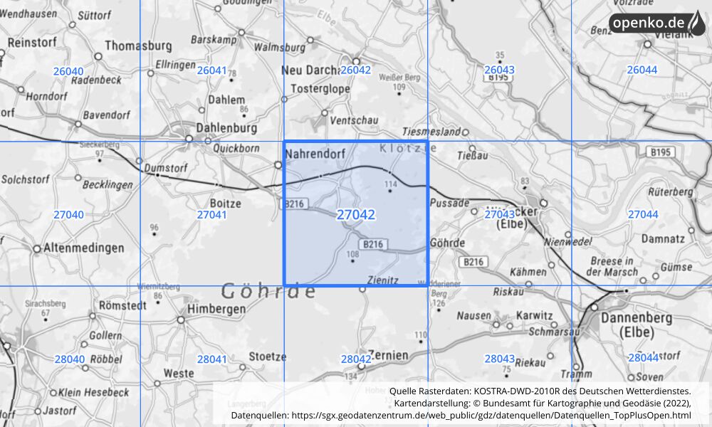 Übersichtskarte KOSTRA-DWD-2010R Rasterfeld Nr. 27042 mit angrenzenden Feldern