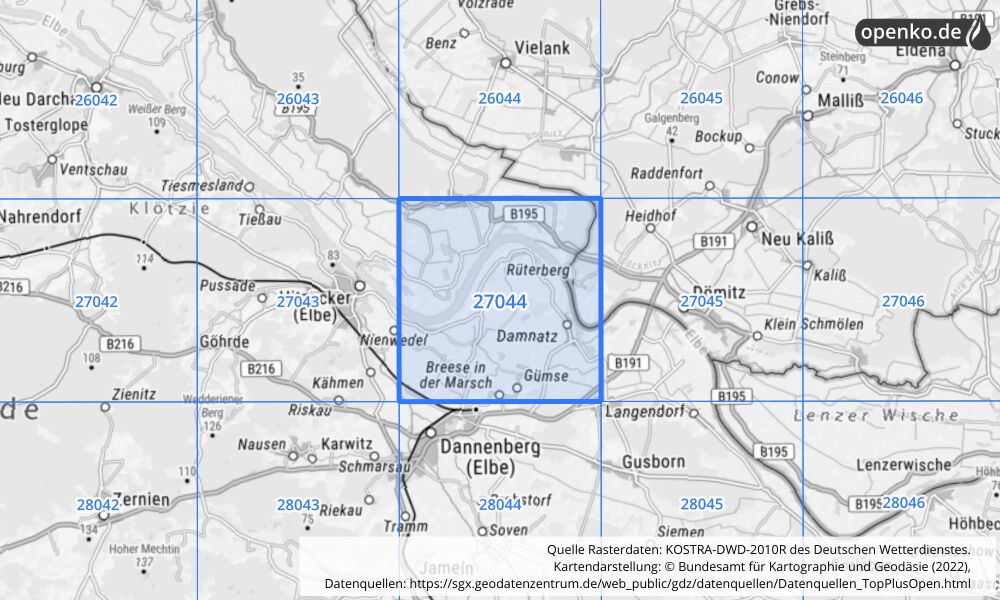 Übersichtskarte KOSTRA-DWD-2010R Rasterfeld Nr. 27044 mit angrenzenden Feldern