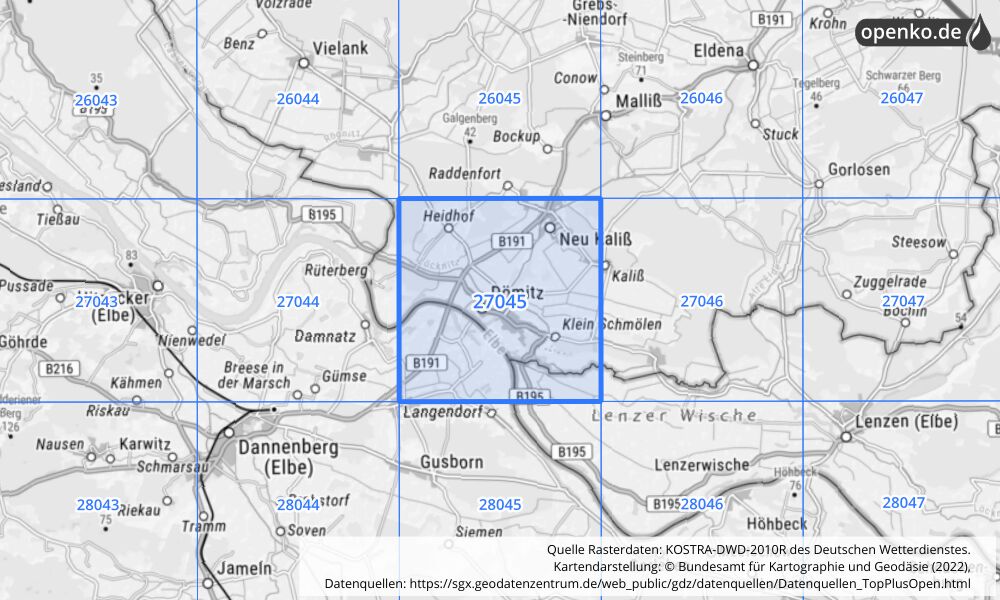 Übersichtskarte KOSTRA-DWD-2010R Rasterfeld Nr. 27045 mit angrenzenden Feldern