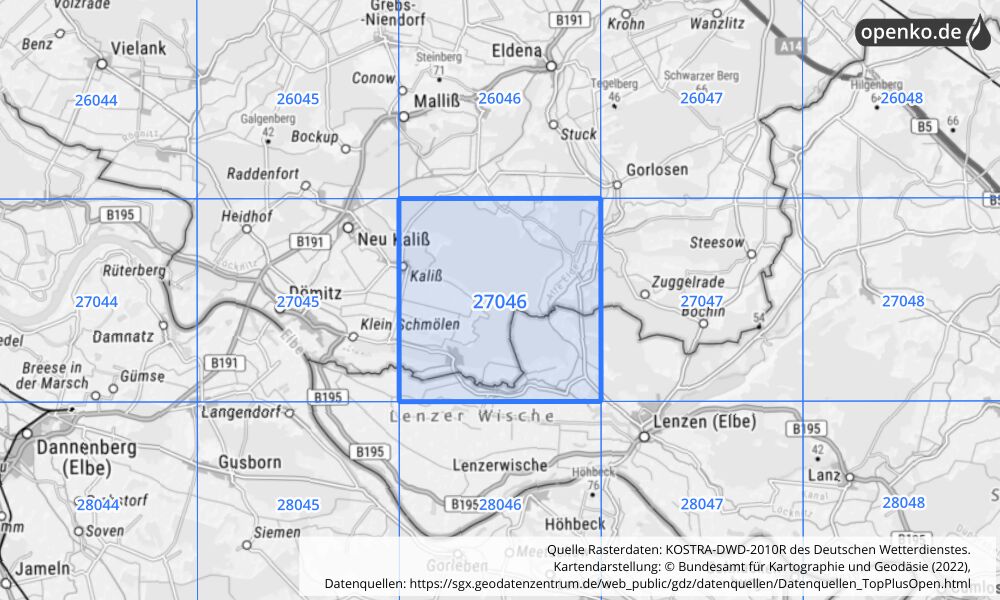 Übersichtskarte KOSTRA-DWD-2010R Rasterfeld Nr. 27046 mit angrenzenden Feldern