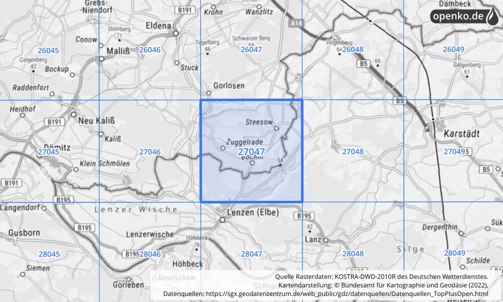 Übersichtskarte KOSTRA-DWD-2010R Rasterfeld Nr. 27047 mit angrenzenden Feldern