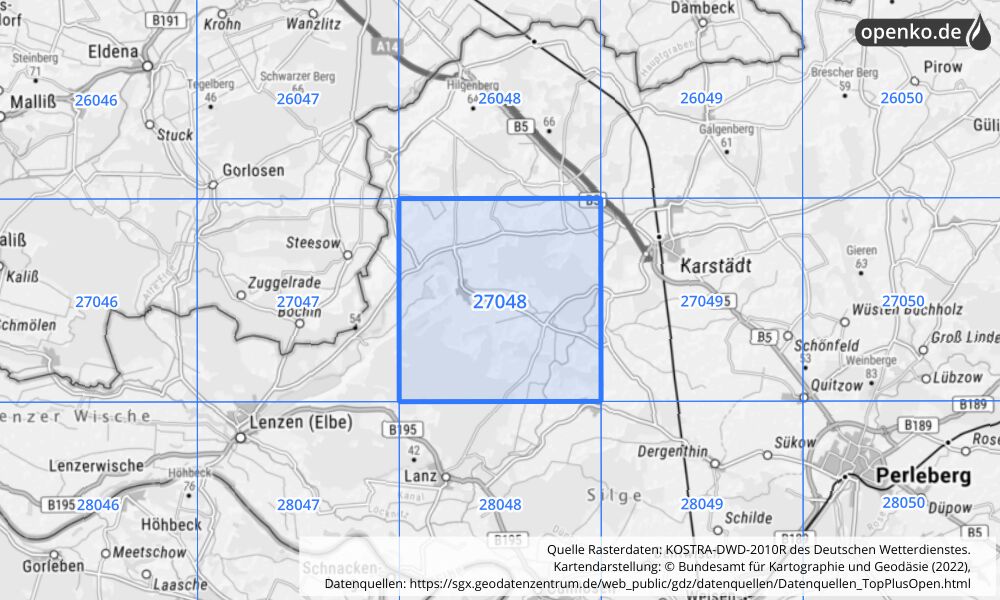 Übersichtskarte KOSTRA-DWD-2010R Rasterfeld Nr. 27048 mit angrenzenden Feldern