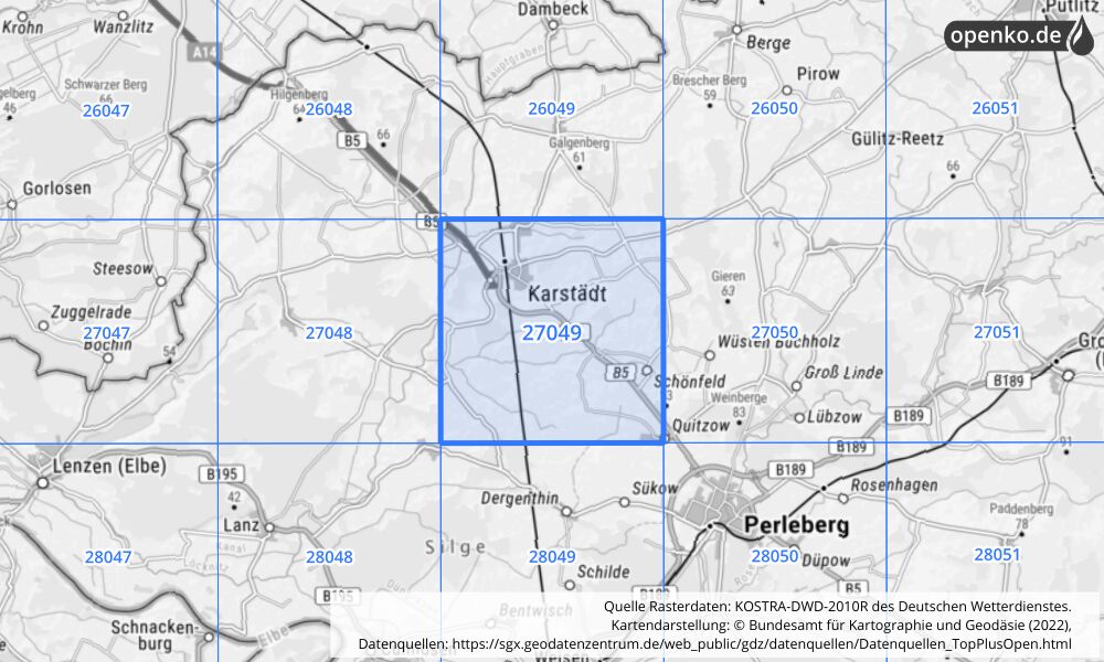 Übersichtskarte KOSTRA-DWD-2010R Rasterfeld Nr. 27049 mit angrenzenden Feldern