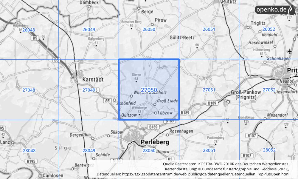 Übersichtskarte KOSTRA-DWD-2010R Rasterfeld Nr. 27050 mit angrenzenden Feldern